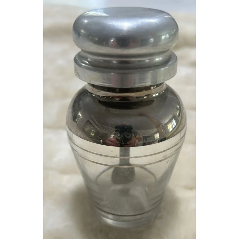 Vintage Glass Condiment Jar With Aluminum Top With Spoon Attached MCM Farmhouse